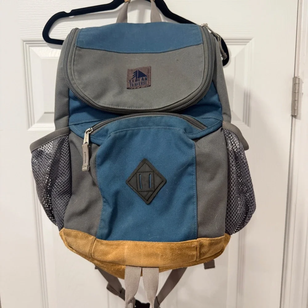 LL Bean Traverse Backpack Blue Grey Colorblock Suede Bottom Hiking Bag 296964